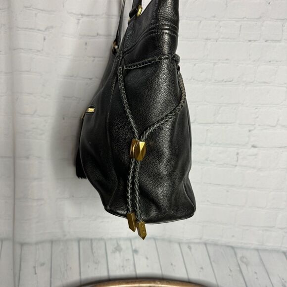 Oryany black supple leather braided drawstring tassel sides slouchy hobo bag - Picture 4 of 13